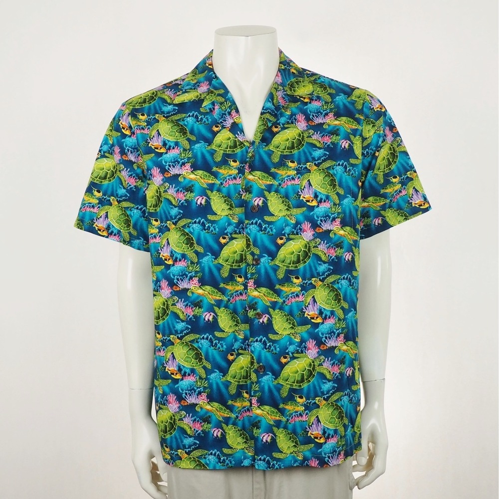 RJC Hawaii Hawaiian Shirt Mens Large Blue AOP Sea Turtles Tropical Fish Aquatic